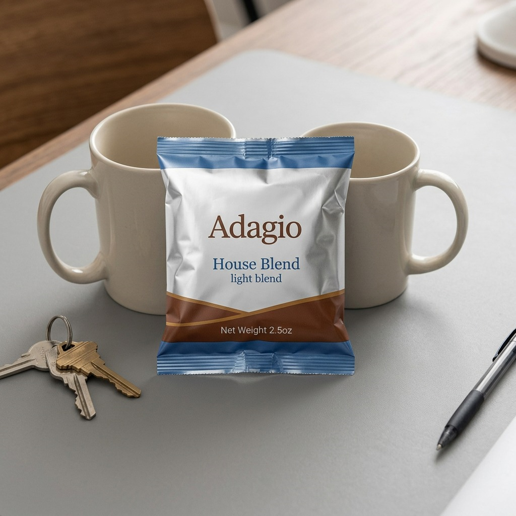 A top-down view of the Adagio coffee ground packet resting beside a standard 12 fluid ounce ceramic coffee mug.