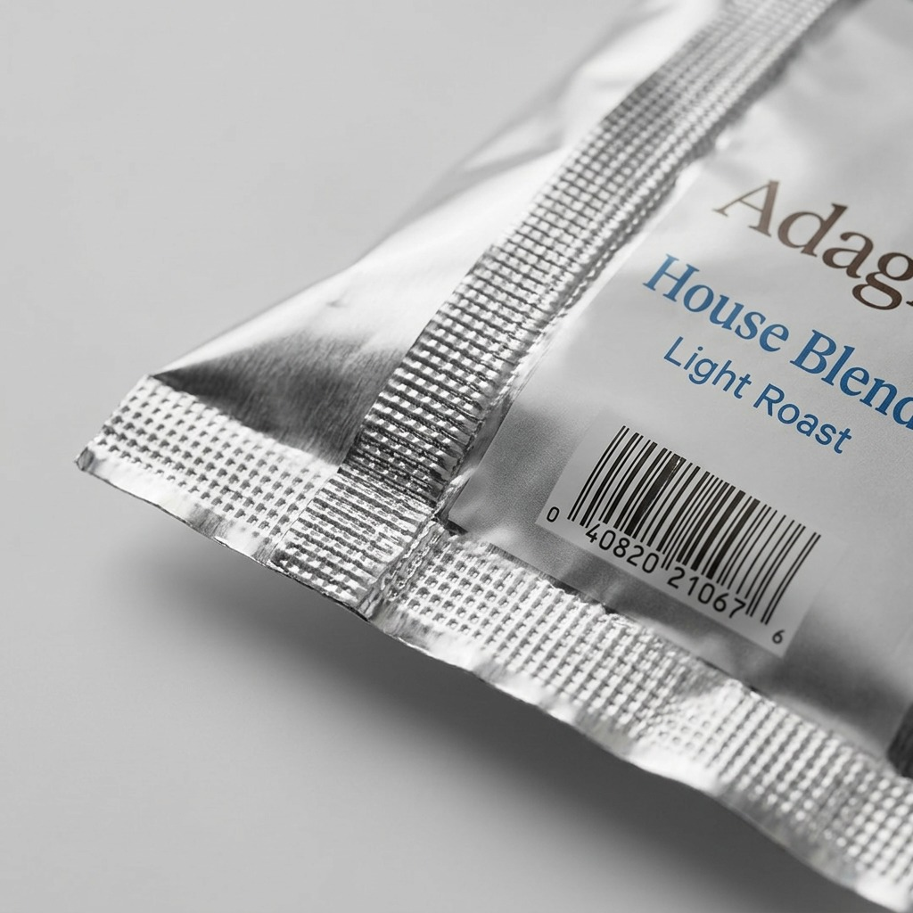 Extreme macro view of Adagio House Blend coffee pouch seal and barcode.