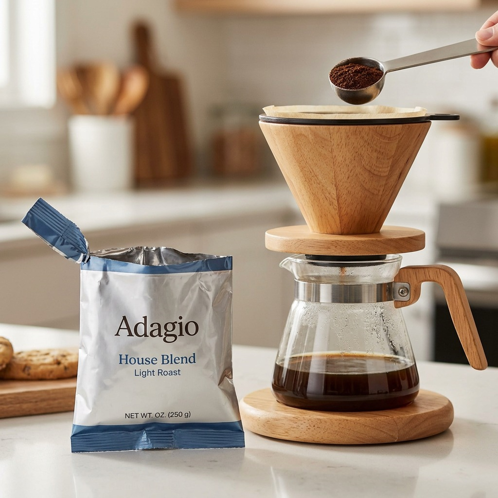lifestyle photo: Adagio House Blend coffee grounds being brewed in a Keurig K-Cup machine.