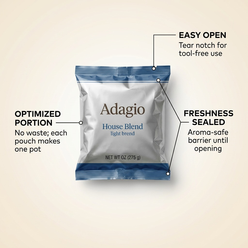 Feature callout graphic of the Adagio coffee pouch showing portion size, easy opening, and sealed freshness.