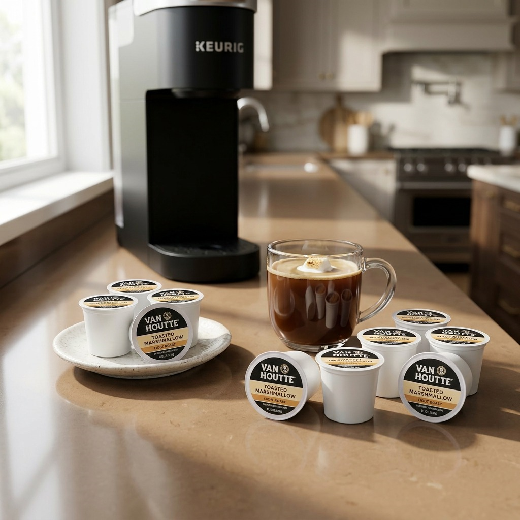 Close-up photo of ten Keurig K-Cup pods with Toasted Marshmallow branding next to a cup, naturally lit on kitchen counter.