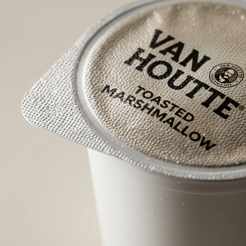 An extreme macro photograph of the foil freshness seal of a Van Houtte K-Cup, showing detailed texture.