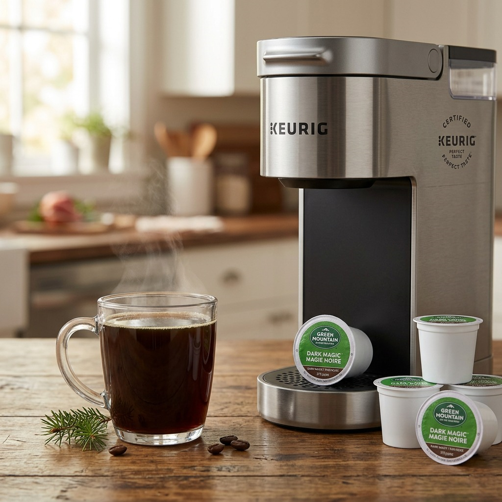 Lifestyle shot of Keurig Dark Magic coffee-k cups with a warm mug and coffee machine. Total 97 characters.