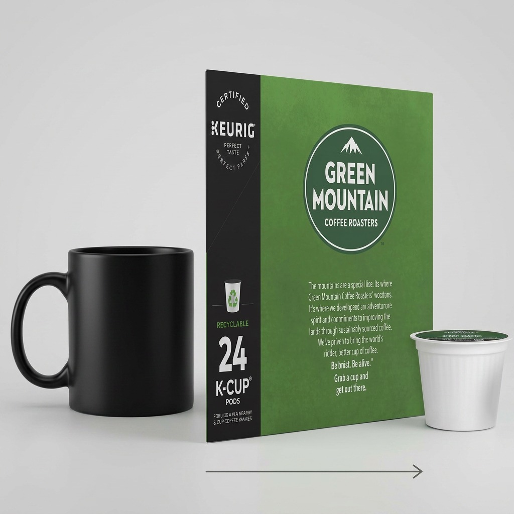 A scale reference image shows the coffee pod box and a single K-Cup next to a ceramic coffee mug for size comparison.