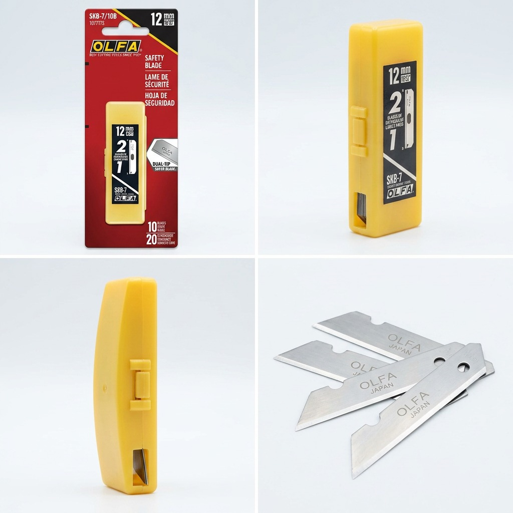 A four-panel grid matrix showcasing the OLFA SKB-7/10B 10-pack safety blades from distinct, useful angles.