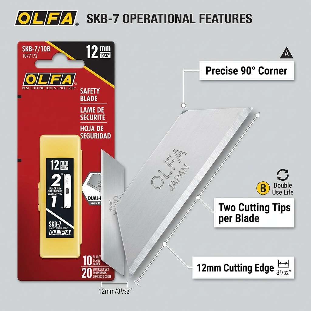 Operational features graphic of OLFA SKB-7 blades, highlighting cutting edges and tips.
