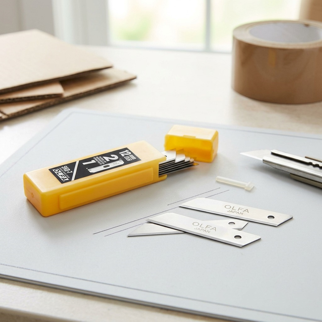 Lifestyle photo in neutral e-commerce styling, showing several OLFA safety blades and their case on a work surface, without packaging.