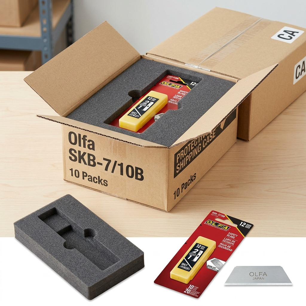 Olfa blades in a secure, foam-lined shipping box, minimizing damage anxiety for a confident unboxing.