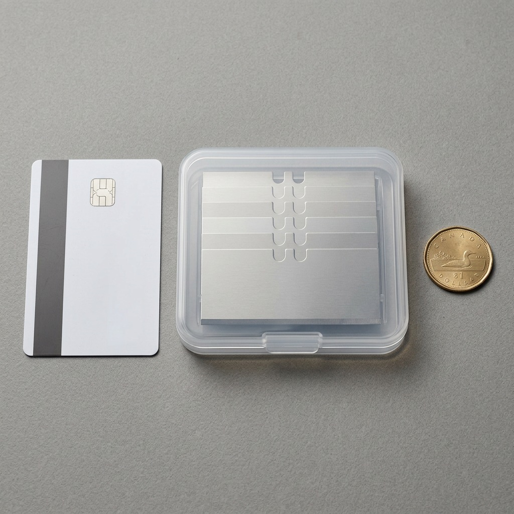 Olfa stainless steel scraper blades stacked in a clear case beside a credit card and a Canadian coin for scale.