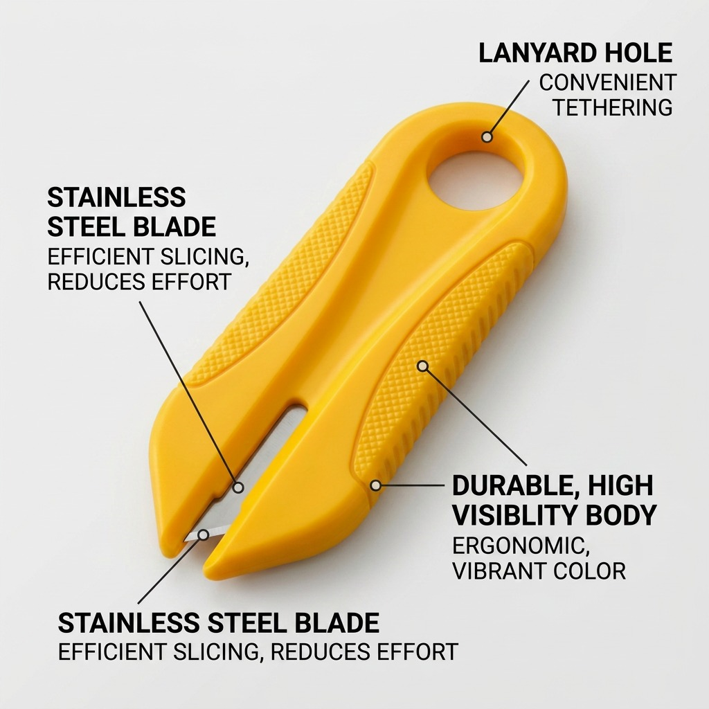 Operational feature graphic of Olfa PK-2 disposable bag cutter showcasing main technical benefits.