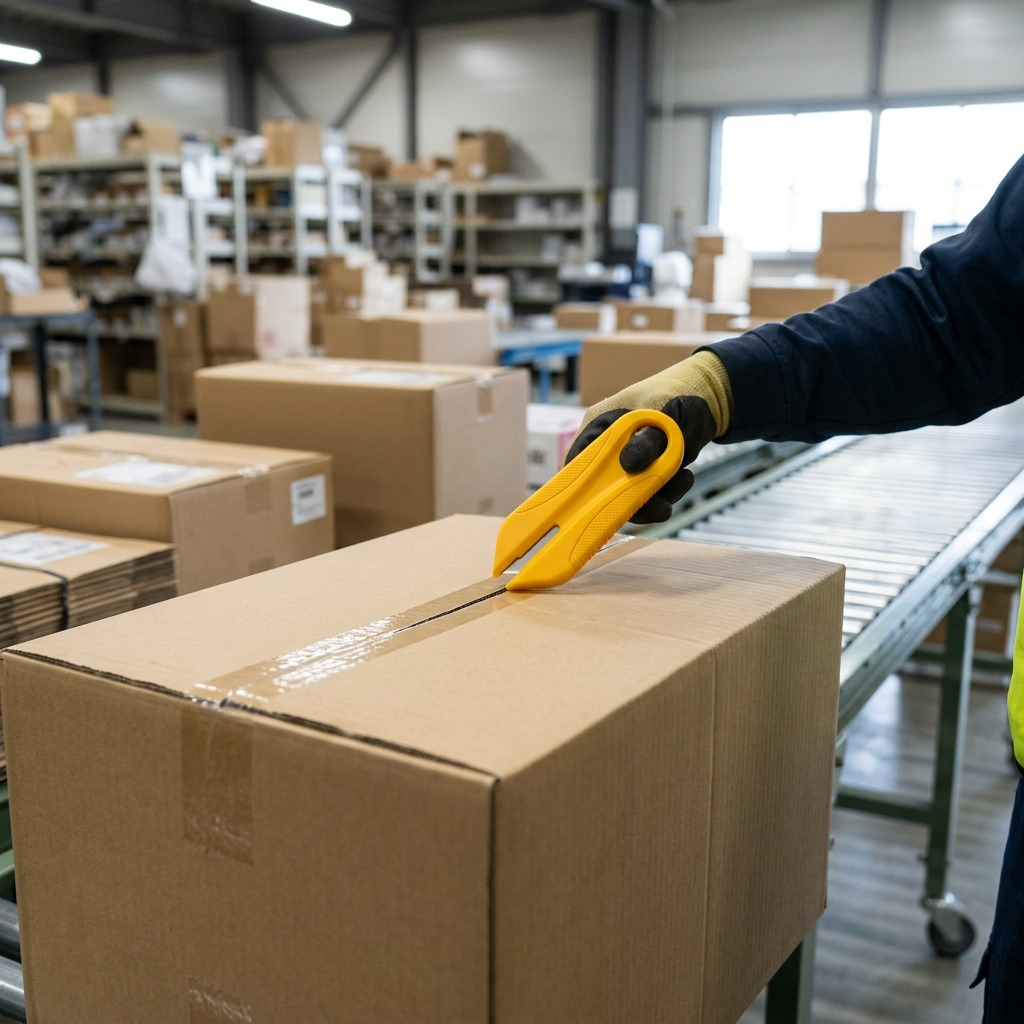 Warehouse worker in gloves slices a box with the yellow Olfa PK-2 disposable cutter on a conveyor.