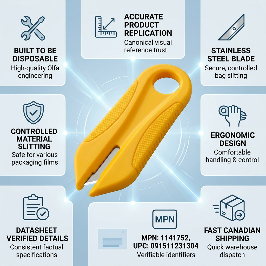 An infographic for the Olfa PK-2 Disposable Bag Cutter, validating product details against canonical visuals and specifications.