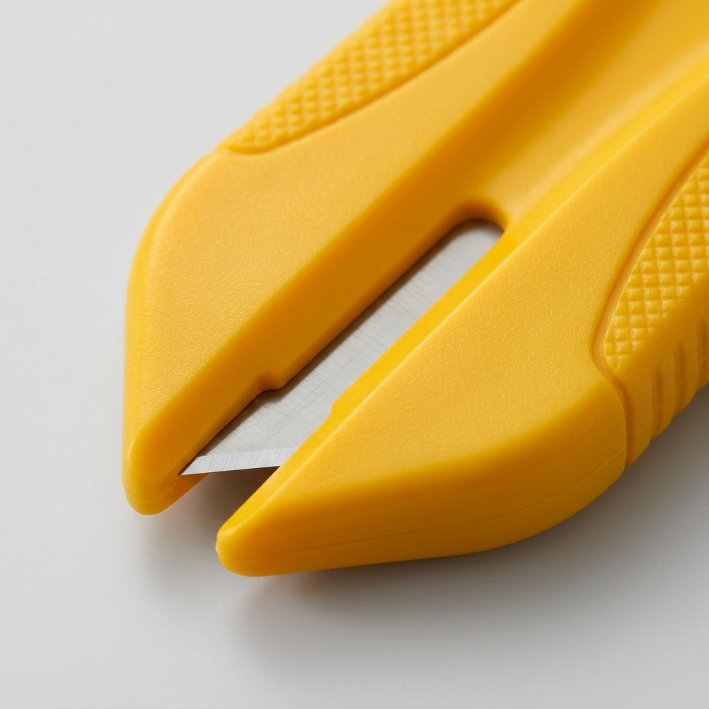 A macro photo focuses on the yellow bag cutter's blade and textured grip details against a neutral background.