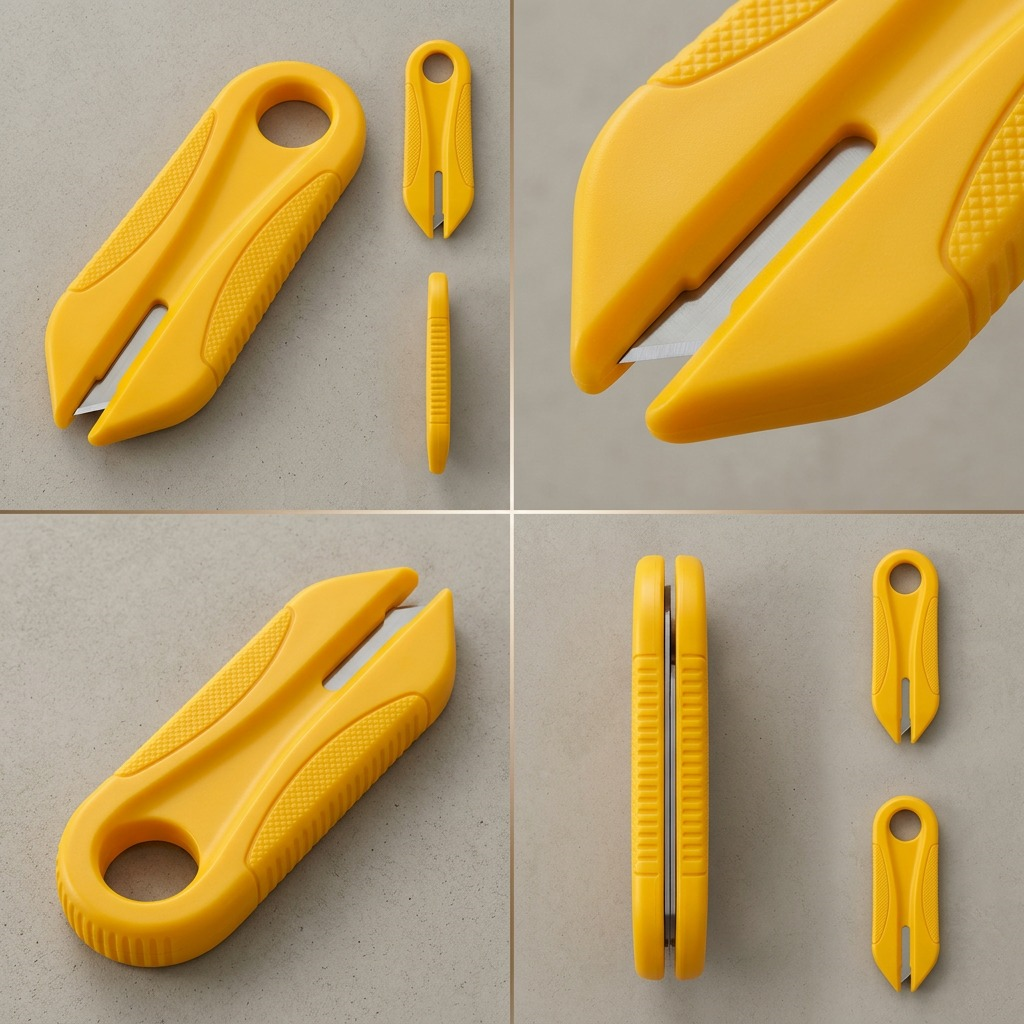 A premium grid layout of four Olfa PK-2 Disposable Bag Cutters, shown from top, bottom, side, and front angles, displaying the yellow grip, black handle, and cutting mechanism across all four views.