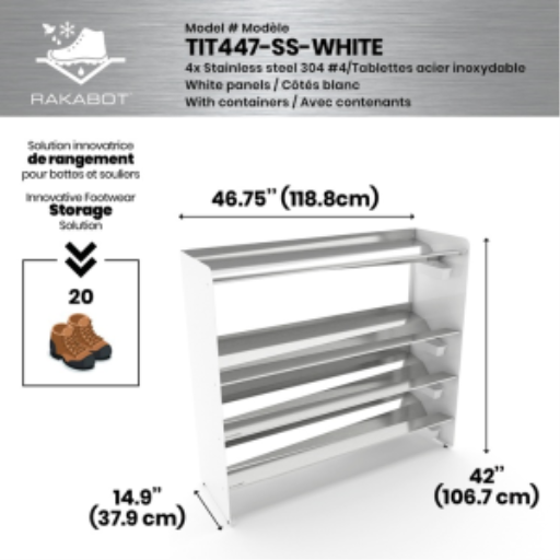 (CUSMA form attached) Commercial rustproof shoe and boot rack / 4 Tier / Shelf 46.25" STAINLESS / Pure white  / Store 20 pairs / Rakabot Titan