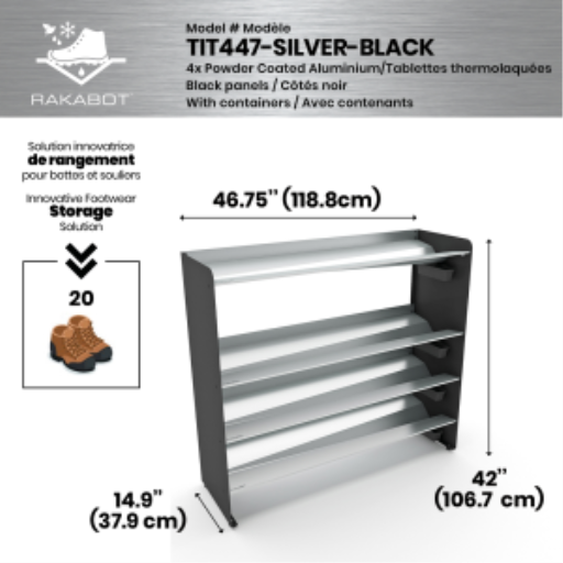 (CUSMA form attached) Commercial rustproof shoe and boot rack / 4 Tier / Shelf 46.25" GREY Coated / Mate black  panels / Store 20 pairs / Rakabot Titan