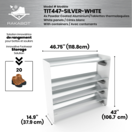 (CUSMA form attached) Commercial rustproof shoe and boot rack / 4 Tier / Shelf 46.25" GREY Coated / Pure white panels / Store 20 pairs / Rakabot Titan