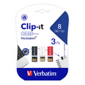 Verbatim 8GB Clip-It USB 3pk Black White Red