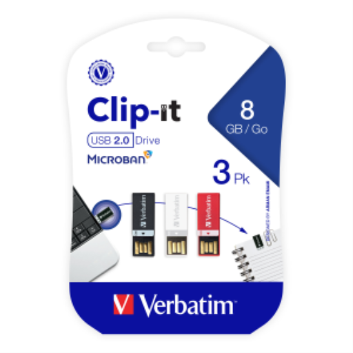 Verbatim 8GB Clip-It USB 3pk Black White Red