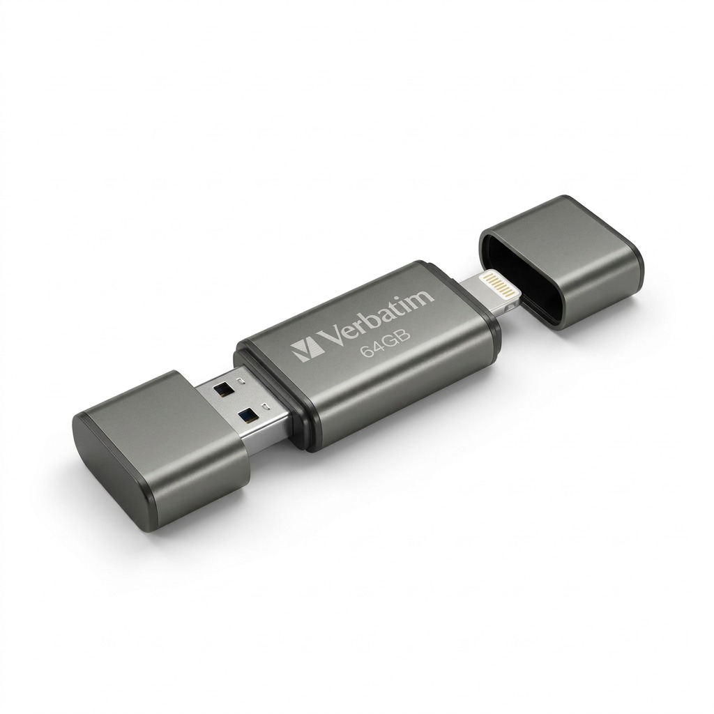 High-resolution image of a Verbatim 64GB dual lightning/USB drive on a white background