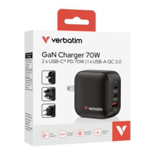 Verbatim Mini GaN Charger 70W 3 Port US plug with EU and UK adaptors