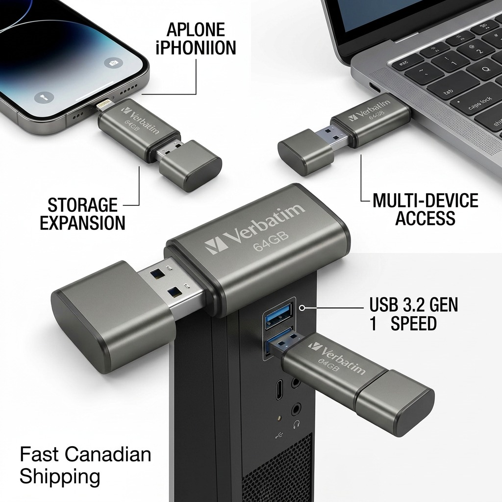 Verbatim 64GB dual usb drive shown plugged in to various devices for operational feature overview.