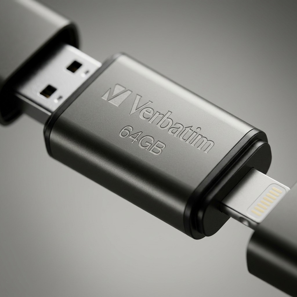 Extreme close-up of the Verbatim 64GB drive's dark space gray metal finish, USB-C connnector, and laser-etched logo.