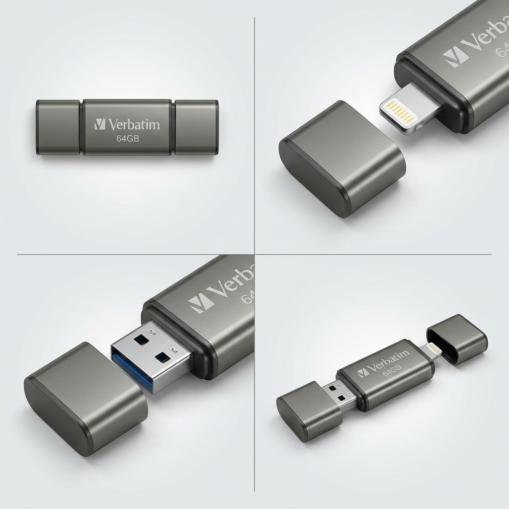 A multi-angle configuration matrix image showing four views of the Verbatim 64GB USB drive, including close-ups of both connectors.