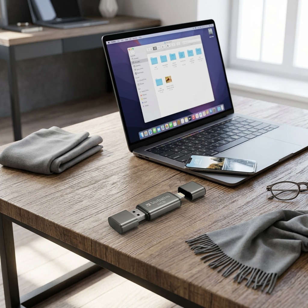 Verbatim 64GB SnG flash drive with dual USB and Lightning connectors on an open wooden desk.