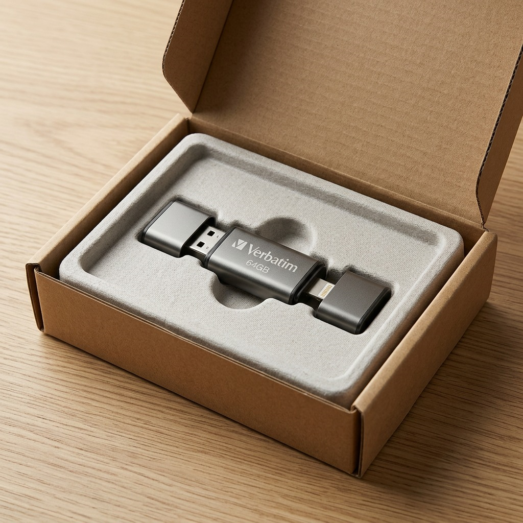 The Verbatim 64GB drive is securely protected in molded foam within a sturdy cardboard unboxing context.