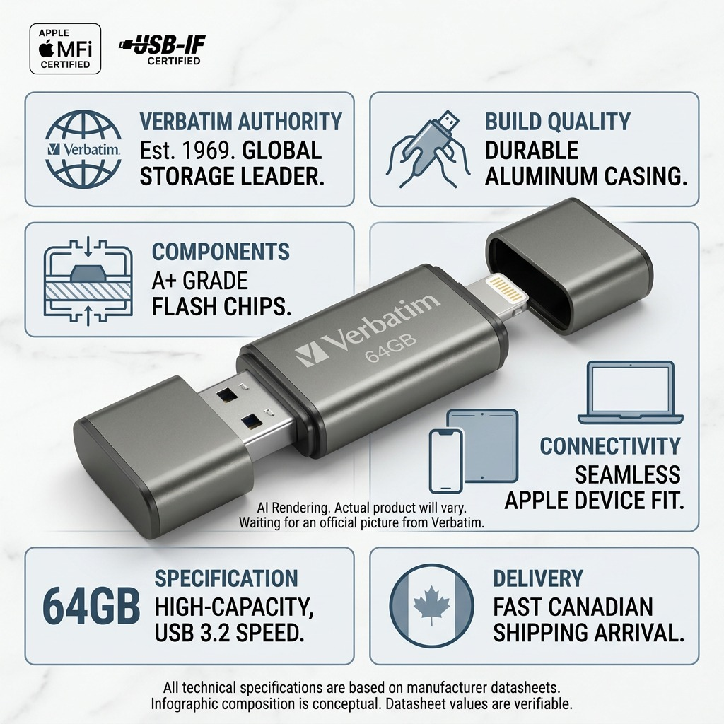 Infographic matrix for Verbatim 64GB dual drive (MPN 49301), highlighting quality, certifications, and fast Canadian shipping.