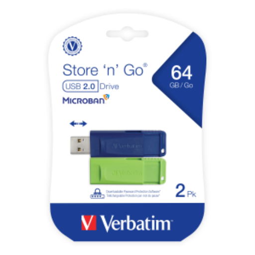 Verbatim 64GB SnG USB 2PK Blue/Green Retract
