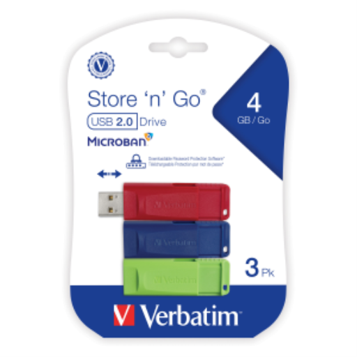 Verbatim 4GB SnG USB Drive 3 Pack Color Ret