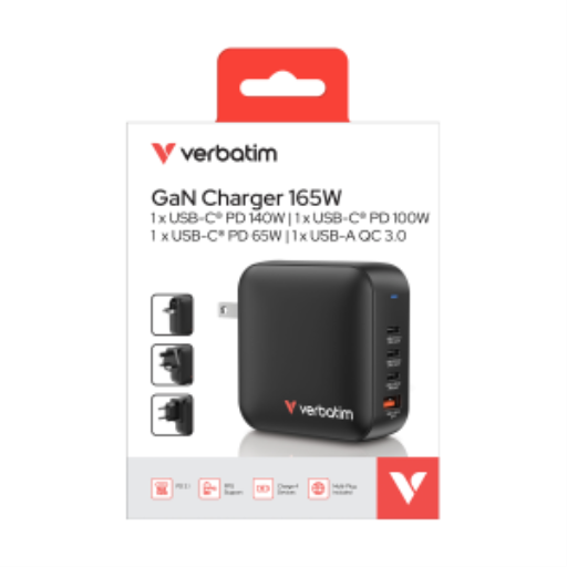 Verbatim Mini GaN Charger 165W 4 Port US plug with EU and UK adaptors