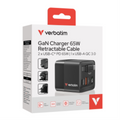 Verbatim GaN Charger 65W 2 Port retractable cable display US plugs with EU and UK adaptors