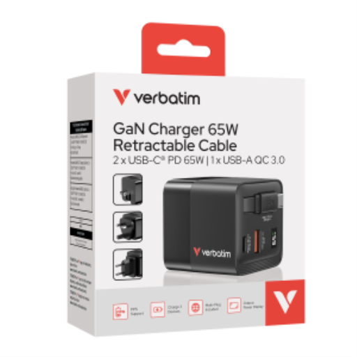 Verbatim GaN Charger 65W 2 Port retractable cable display US plugs with EU and UK adaptors