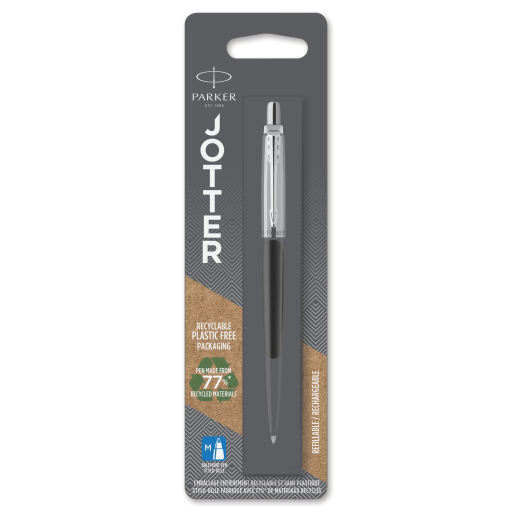 Parker Jotter Ballpoint Pen, Bond Street Black with Chrome Trim, Medium Point Blue Ink