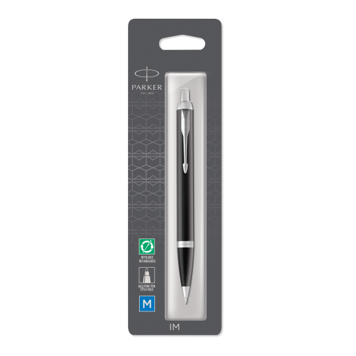 Parker IM Ballpoint Pen, Black Lacquer with Chrome Trim, Medium Point Blue Ink Refill