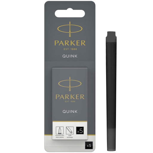 Parker Fountain Pen Ink Refill Cartridges, Long, Black QUINK Ink, 5 Count