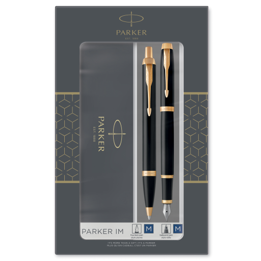 Parker IM Duo Gift Set with Ballpoint Pen & Fountain Pen | Gloss Black with Gold Trim | Blue Ink Refill & Cartridge | Gift Packaging