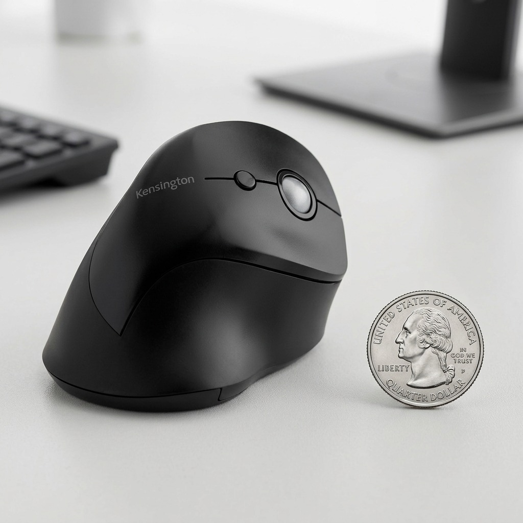Kensington Ergo Vertical Mouse beside a US quarter for scale reference on a desk.