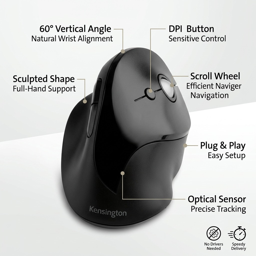 A feature-benefit overview image of the black Kensington vertical mouse, highlighting its 60-degree angle, design, and easy setup.