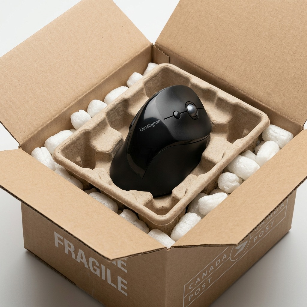 A photo of the Kensington Ergo Vertical Wireless Mouse in a protective shipping box with padding.