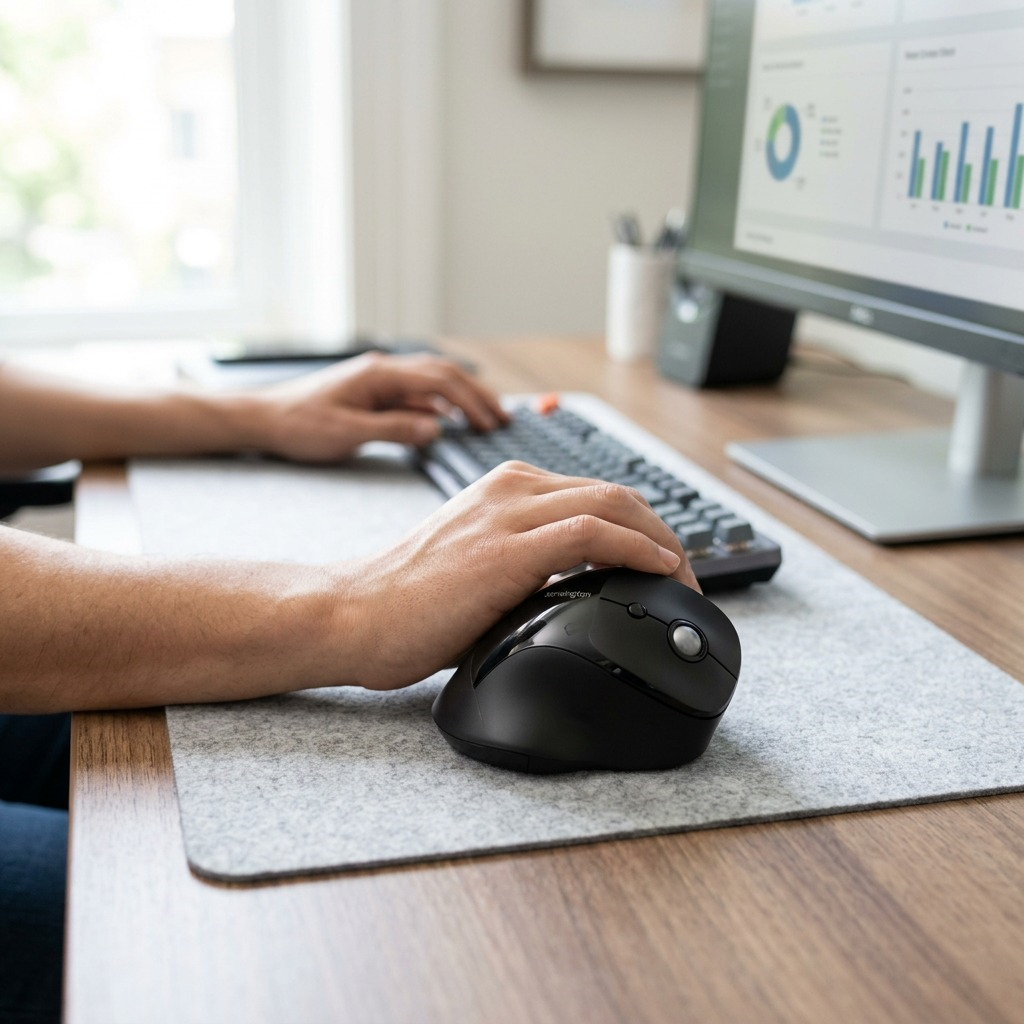 A hand in a neutral, vertical grip uses the Kensington Ergo vertical mouse on a modern felt desk mat.