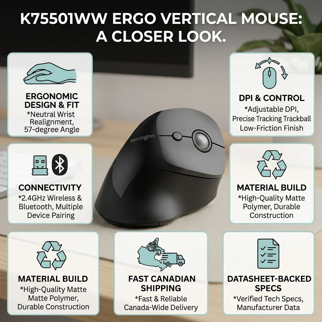 An informational matrix displaying the Kensington Ergo Vertical Wireless Mouse with feature icons.