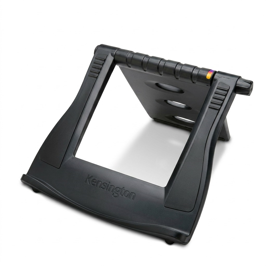 A high-resolution product shot of the Kensington SmartFit Easy Riser Laptop Cooling Stand, showing its adjustable black plastic frame with ventilation slots and a colorful adjustment indicator, on a pure white background.
