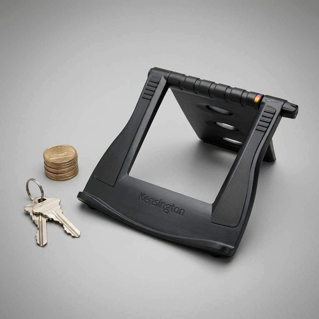 A visual comparison of the black Kensington laptop cooling stand alongside a stack of five Canadian loonie coins and a standard key ring, illustrating the product's compact size.