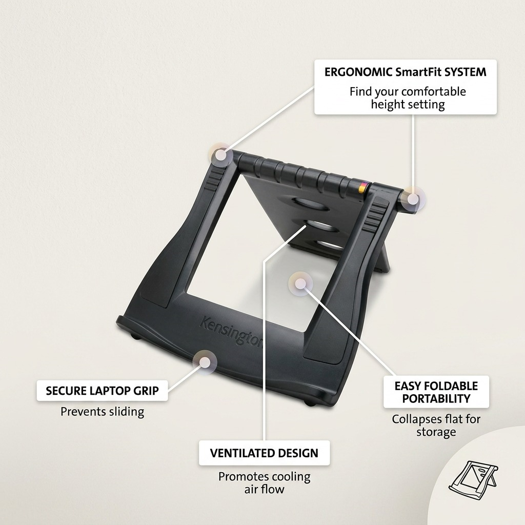Kensington SMRTFIT EASYRSR visual: highlighting key ergonomic and design features with concise benefits callouts.