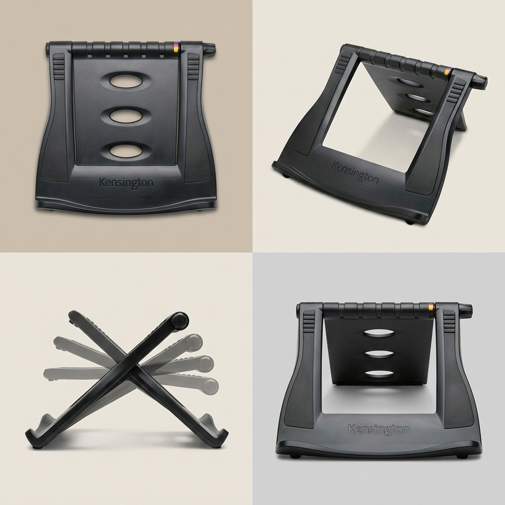 A 2x2 grid displaying the Kensington laptop stand from top-down, oblique, side, and front views.