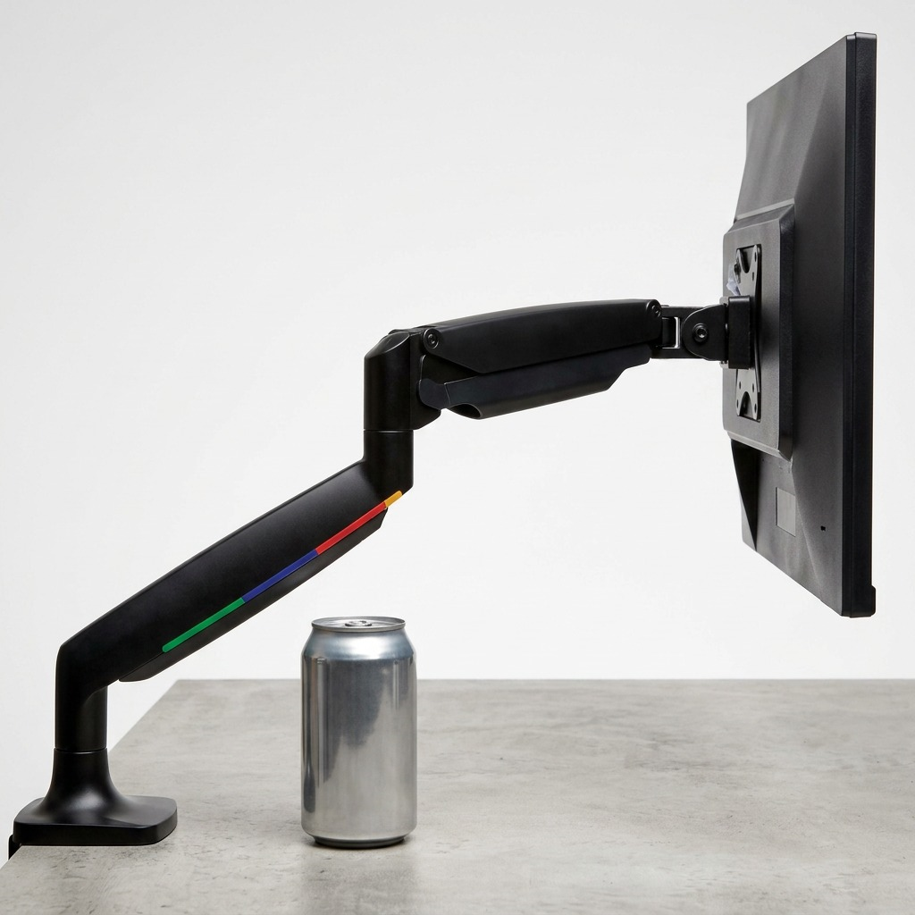 A standard beverage can and computer monitor provide scale reference for the Kensington single arm mount.